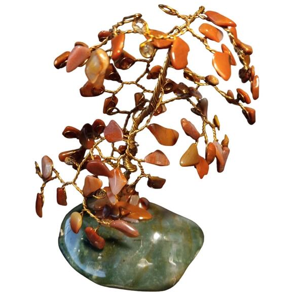 Carnelian Gemstone Bonsai Tree Copper Wire Sculpture Green Crystal Base Folk Art - Picture 2 of 9